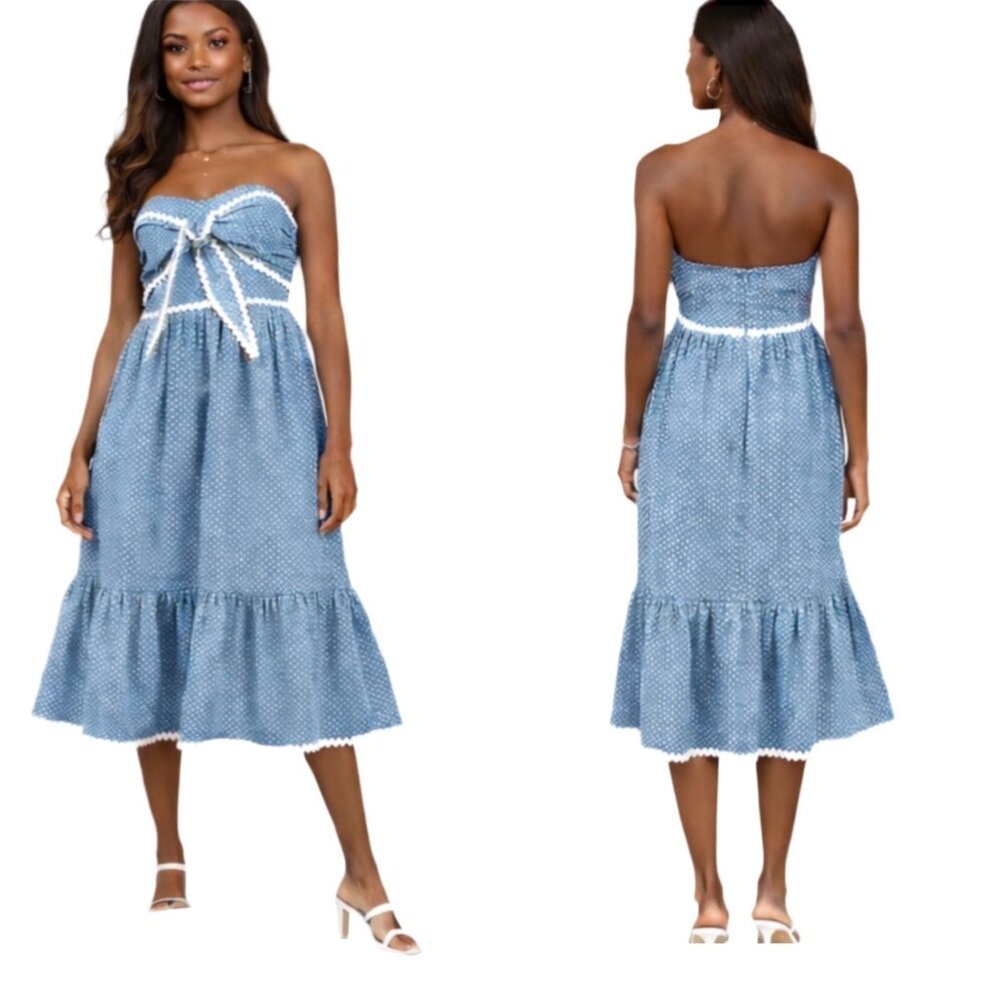 👗 Lulus Dusty Blue Polka Dot Strapless Tiered Midi Dress S 👗